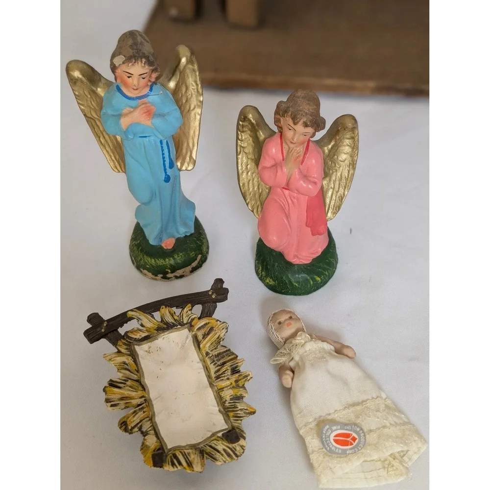 Vintage Nativity Set Hand Painted Paper Mache Italy Creche Stable Manger 14 Pcs